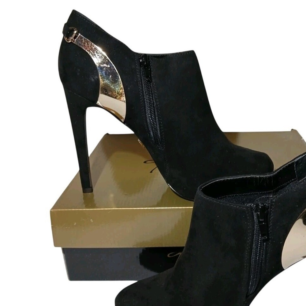 THALIA SODI Lenna Pumps Women Black‎ Suede/ GoldStiletto Closed Toe Sz 9.5 #1365